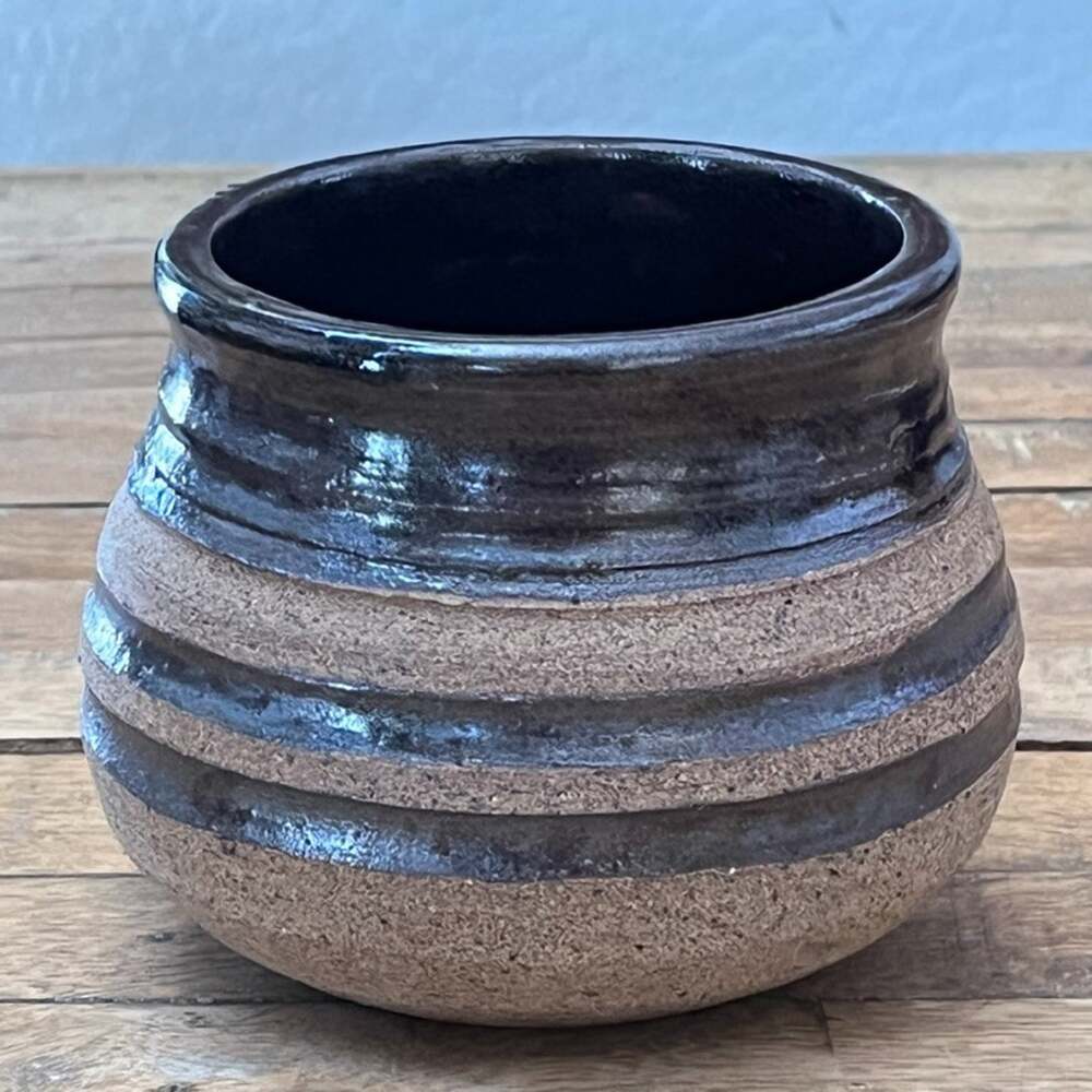Vintage Stoneware Planter Pot 4.5 2-Tone Brown Speckled Dark Brown Stripes